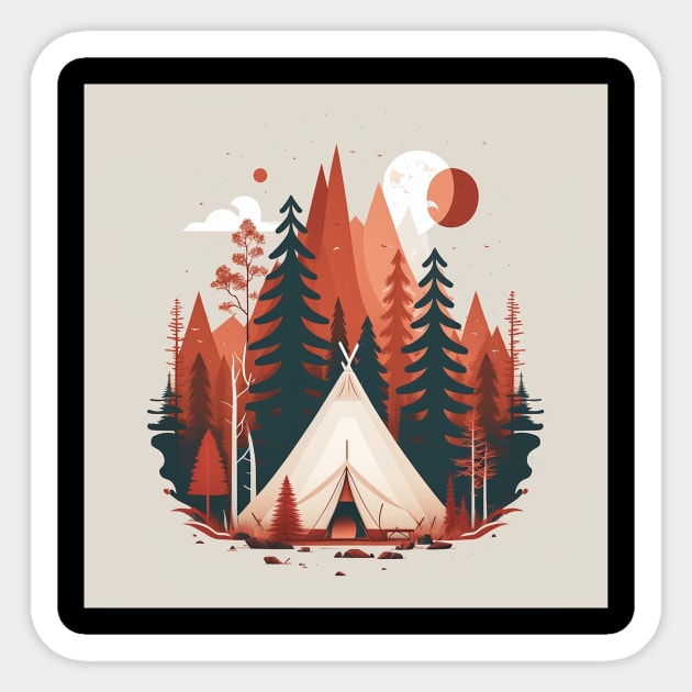 Camping In tent, Adventure in the Forest, Minimal Sticker by logiamerch